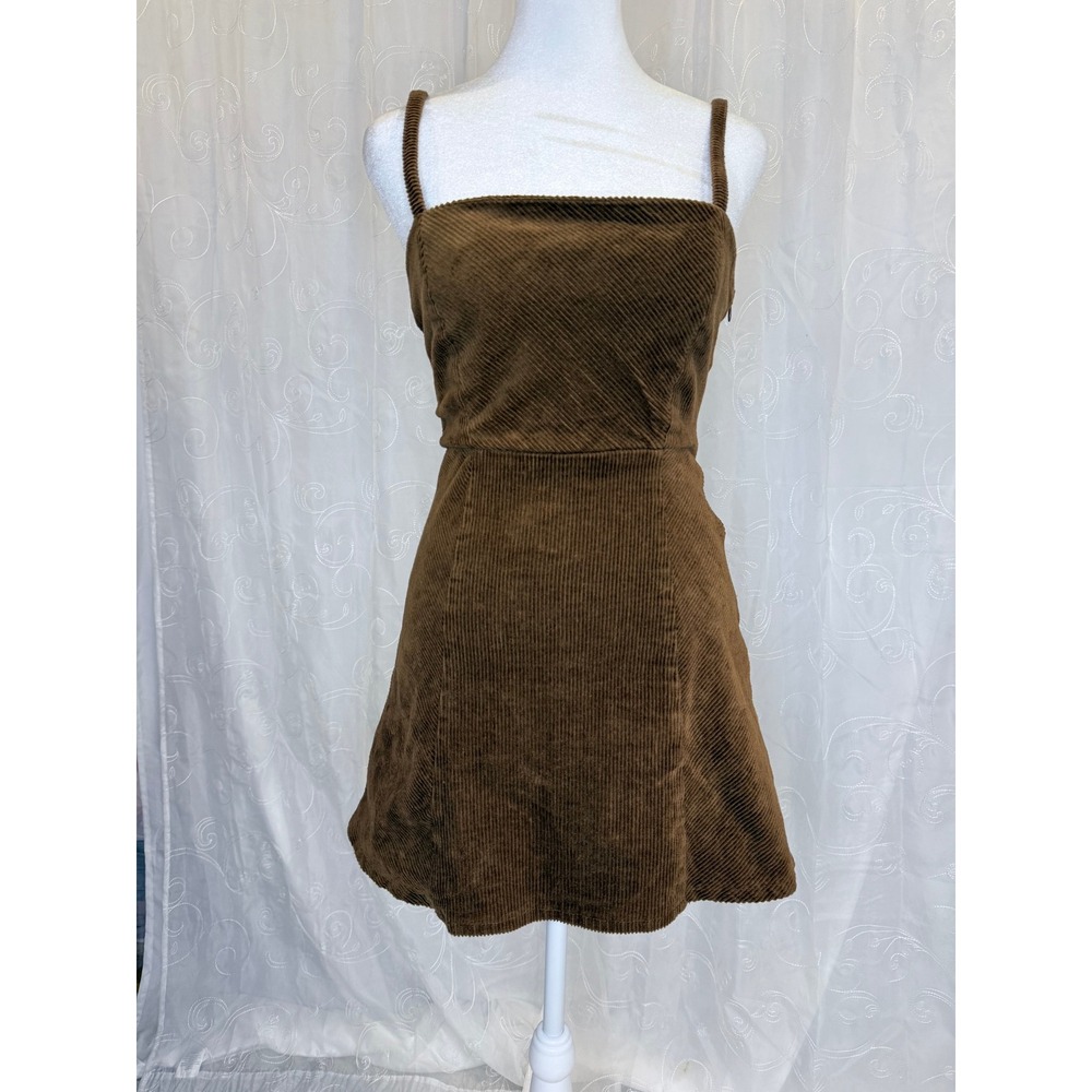 Forever 21 Brown Corduroy Mini Dress XS Spaghetti Strap Square Neck A-Line Brown